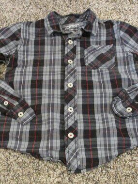 Arizona Button Up Dress Shirt Boys 5T Black Gray Plaid Long Sleeve Collared Top